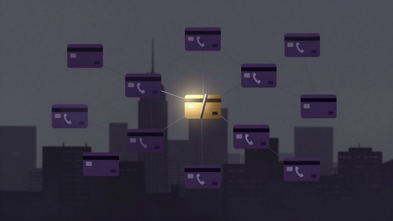 Abstract network of payment symbols being severed by a precise beam of light, symbolizing financial disruption.