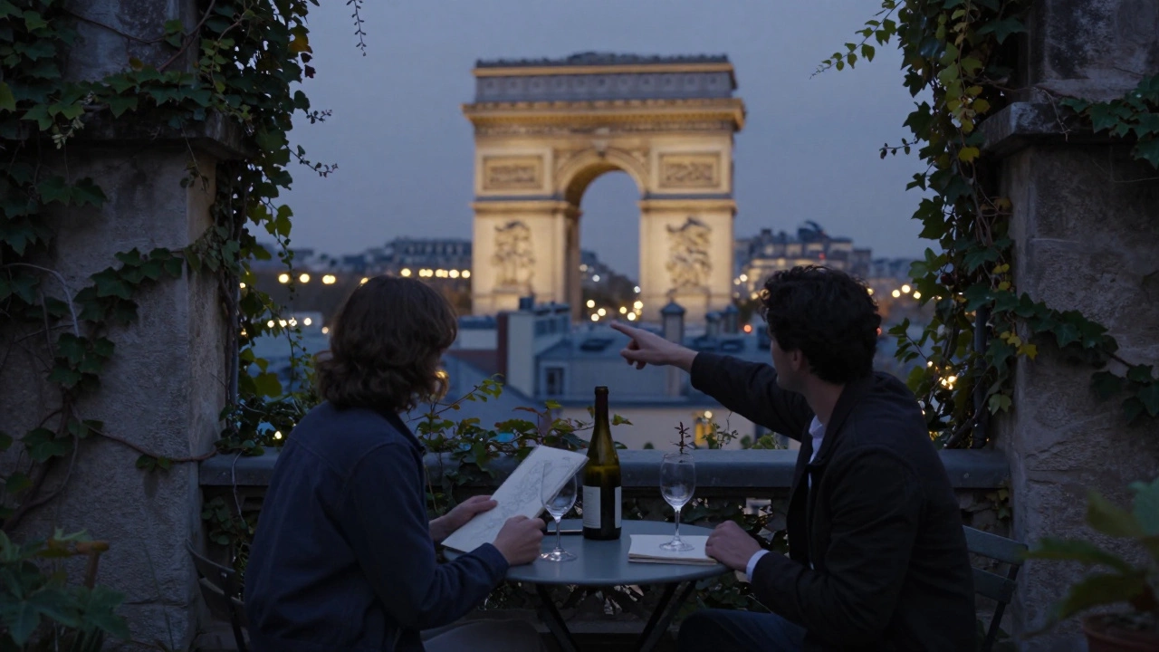 Silhouettes sit together on a hidden rooftop at twilight, overlooking Parisian lights.