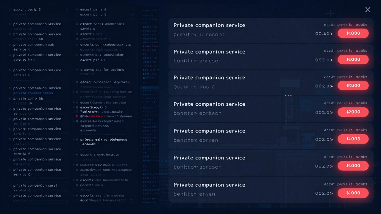 Split-screen display of online ads and financial transaction patterns revealing hidden trafficking networks.