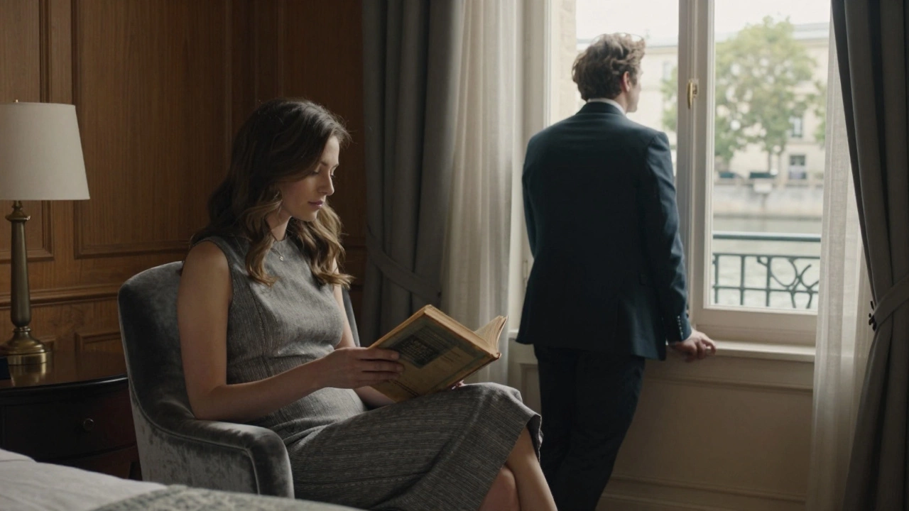 Two people share a quiet moment in a boutique hotel room, lost in thought beside the Seine.